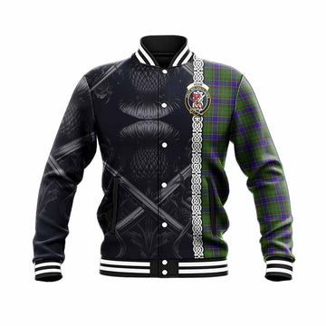 Adam Tartan Baseball Jacket with Family Crest Cross Sword Thistle Celtic Vibes