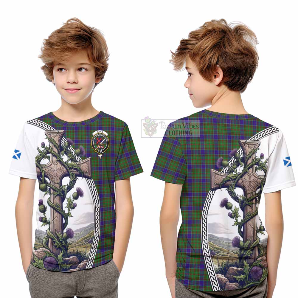 Tartan Vibes Clothing Adam Tartan Kid T-Shirt with Family Crest and St. Andrew's Cross Accented by Thistle Vines