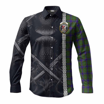 Adam Tartan Long Sleeve Button Shirt with Family Crest Cross Sword Thistle Celtic Vibes