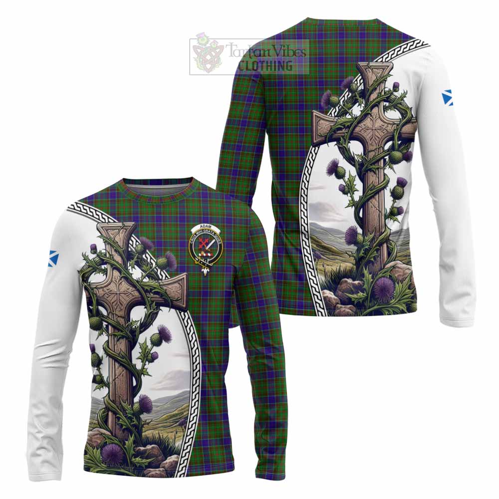 Tartan Vibes Clothing Adam Tartan Long Sleeve T-Shirt with Family Crest and St. Andrew's Cross Accented by Thistle Vines