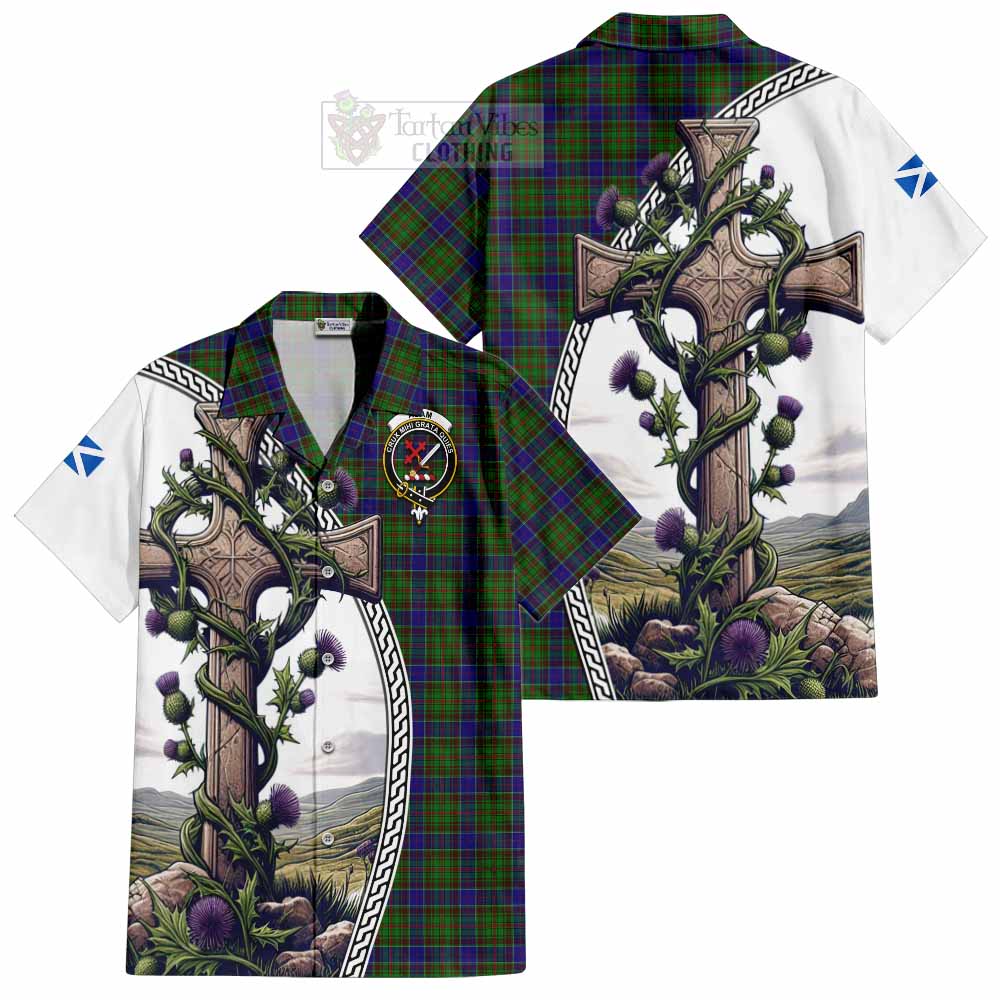 Tartan Vibes Clothing Adam Tartan Short Sleeve Button Shirt with Family Crest and St. Andrew's Cross Accented by Thistle Vines