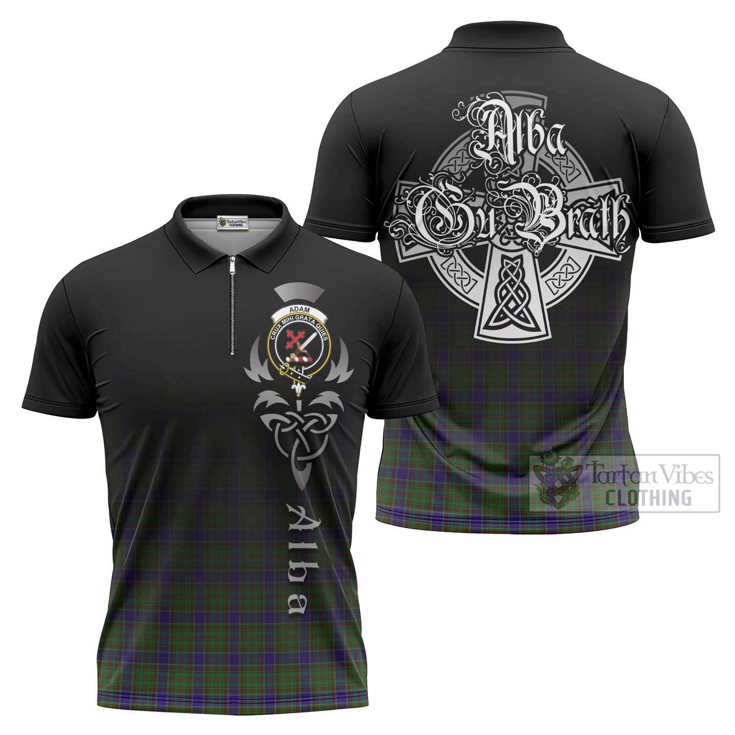 Tartan Vibes Clothing Adam Tartan Zipper Polo Shirt Featuring Alba Gu Brath Family Crest Celtic Inspired