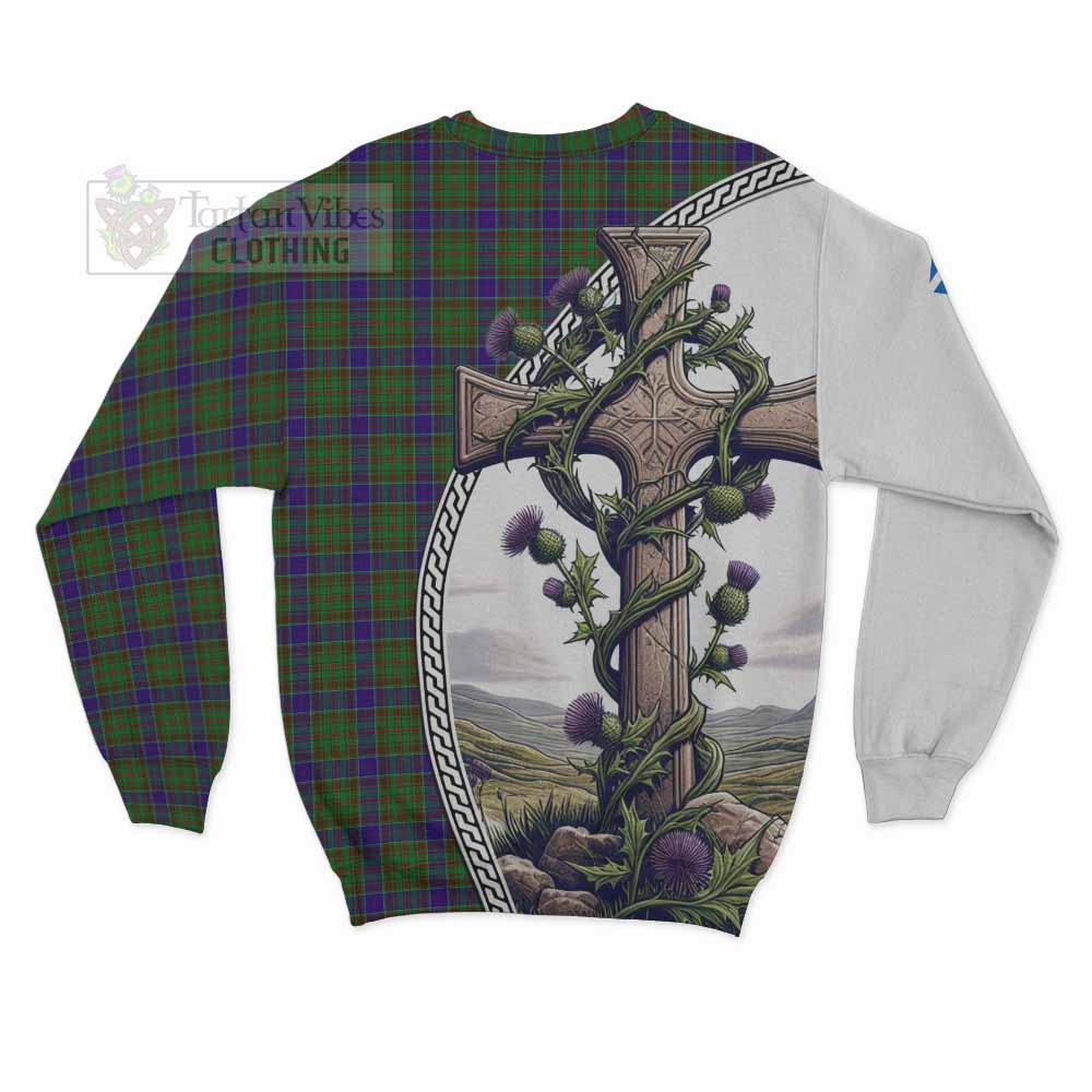 Tartan Vibes Clothing Adam Tartan Sweatshirt with Family Crest and St. Andrew's Cross Accented by Thistle Vines