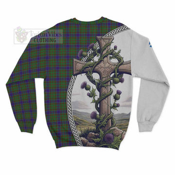 Adam Tartan Sweatshirt with Family Crest and St. Andrew's Cross Accented by Thistle Vines