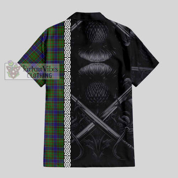 Adam Tartan Short Sleeve Button Shirt with Family Crest Cross Sword Thistle Celtic Vibes