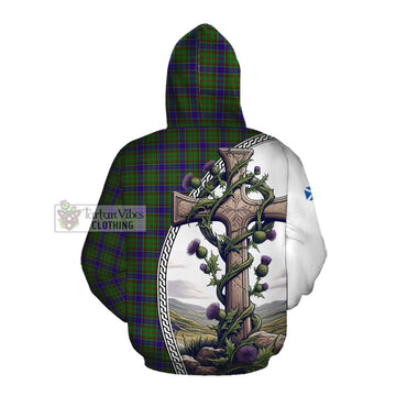 Adam Tartan Cotton Hoodie with Family Crest and St. Andrew's Cross Accented by Thistle Vines Pullover Hoodie - Tartan Vibes Clothing