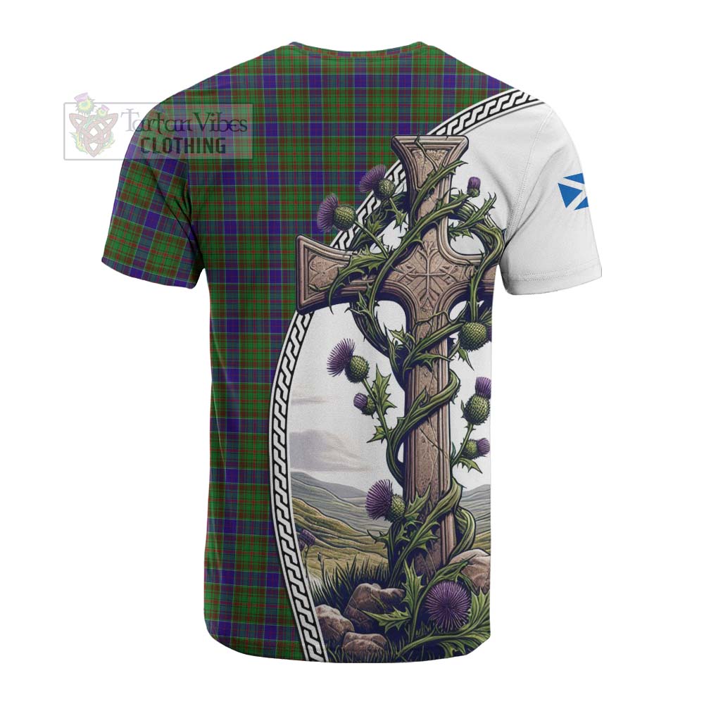 Tartan Vibes Clothing Adam Tartan Cotton T-shirt with Family Crest and St. Andrew's Cross Accented by Thistle Vines