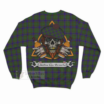 Adam Tartan Sweatshirt with Family Crest and Bearded Skull Holding Bottles of Whiskey