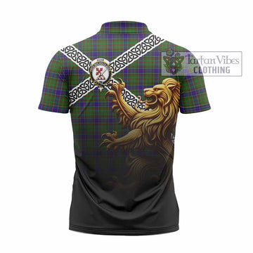 Adam Crest Tartan Zipper Polo Shirt with Golden Lion Emblem Celtic Style - Tartan Vibes Clothing