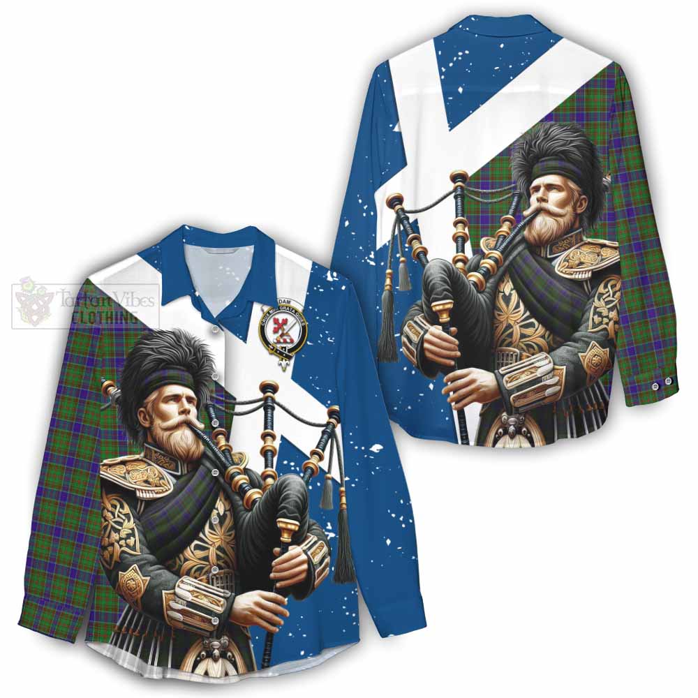 Tartan Vibes Clothing Adam Tartan Women's Casual Shirt with Family Crest Scottish Bagpiper Vibes