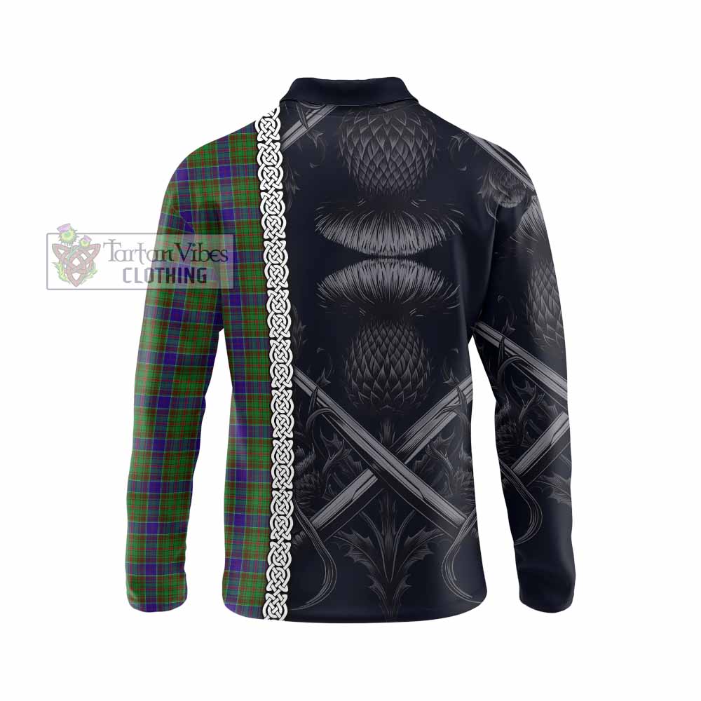 Tartan Vibes Clothing Adam Tartan Long Sleeve Polo Shirt with Family Crest Cross Sword Thistle Celtic Vibes