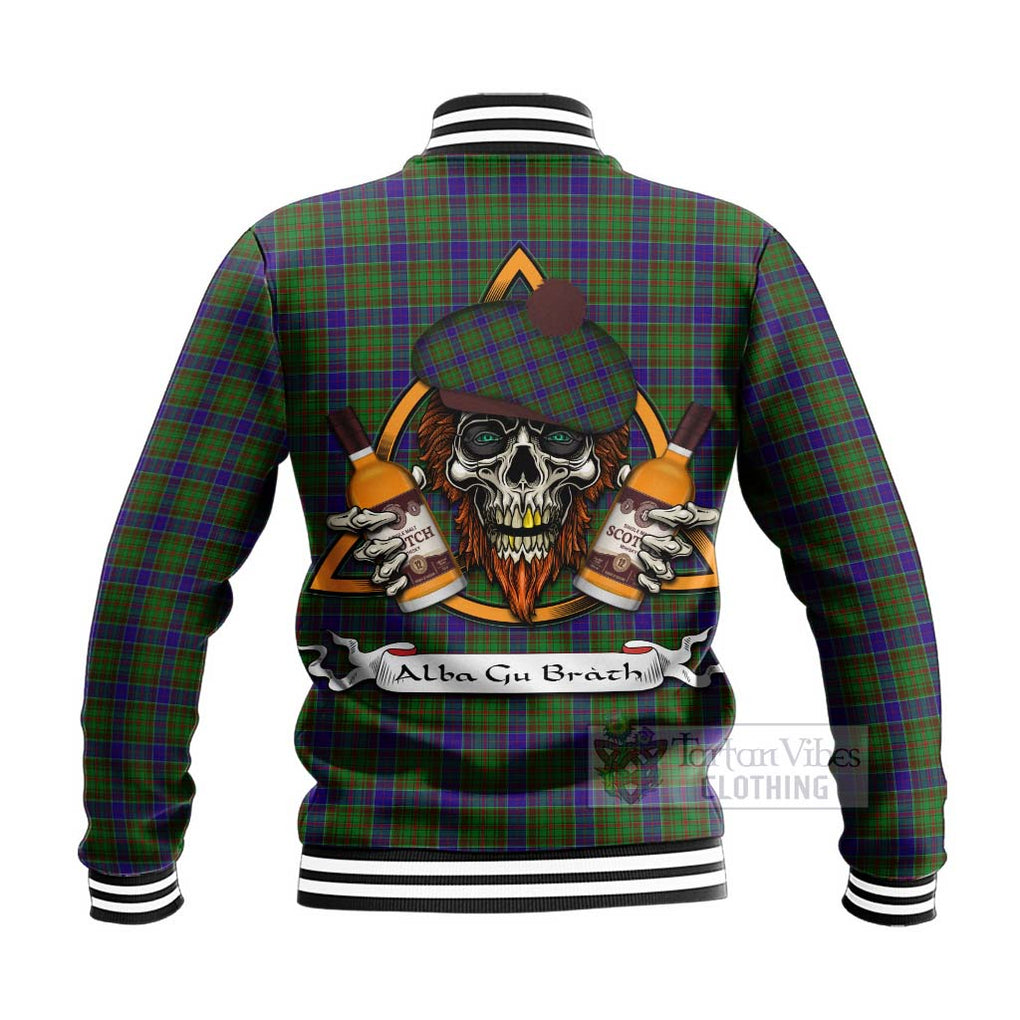 Tartan Vibes Clothing Adam Tartan Baseball Jacket with Family Crest and Bearded Skull Holding Bottles of Whiskey