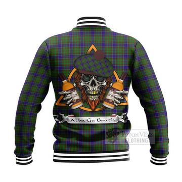 Adam Tartan Baseball Jacket with Family Crest and Bearded Skull Holding Bottles of Whiskey