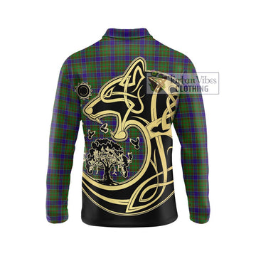 Adam Tartan Long Sleeve Polo Shirt with Family Crest Celtic Wolf Style