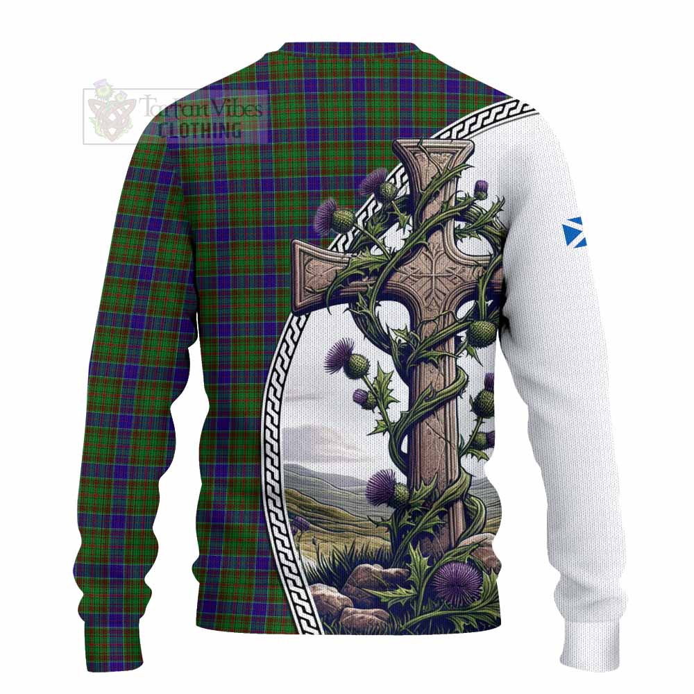 Tartan Vibes Clothing Adam Tartan Knitted Sweater with Family Crest and St. Andrew's Cross Accented by Thistle Vines