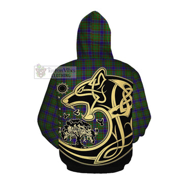 Adam Tartan Cotton Hoodie with Family Crest Celtic Wolf Style