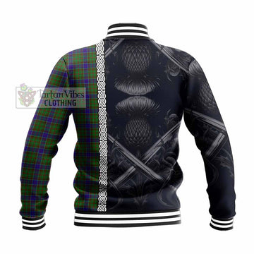 Adam Tartan Baseball Jacket with Family Crest Cross Sword Thistle Celtic Vibes