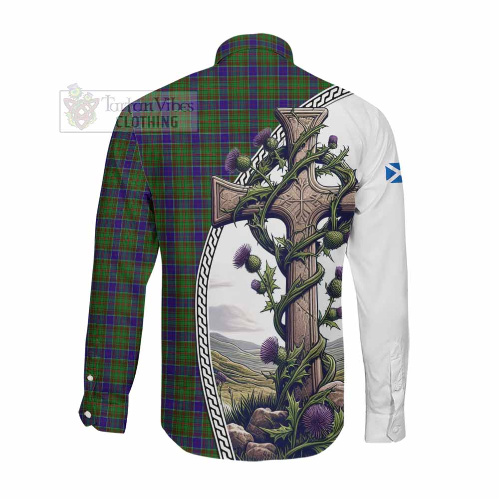 Tartan Vibes Clothing Adam Tartan Long Sleeve Button Shirt with Family Crest and St. Andrew's Cross Accented by Thistle Vines