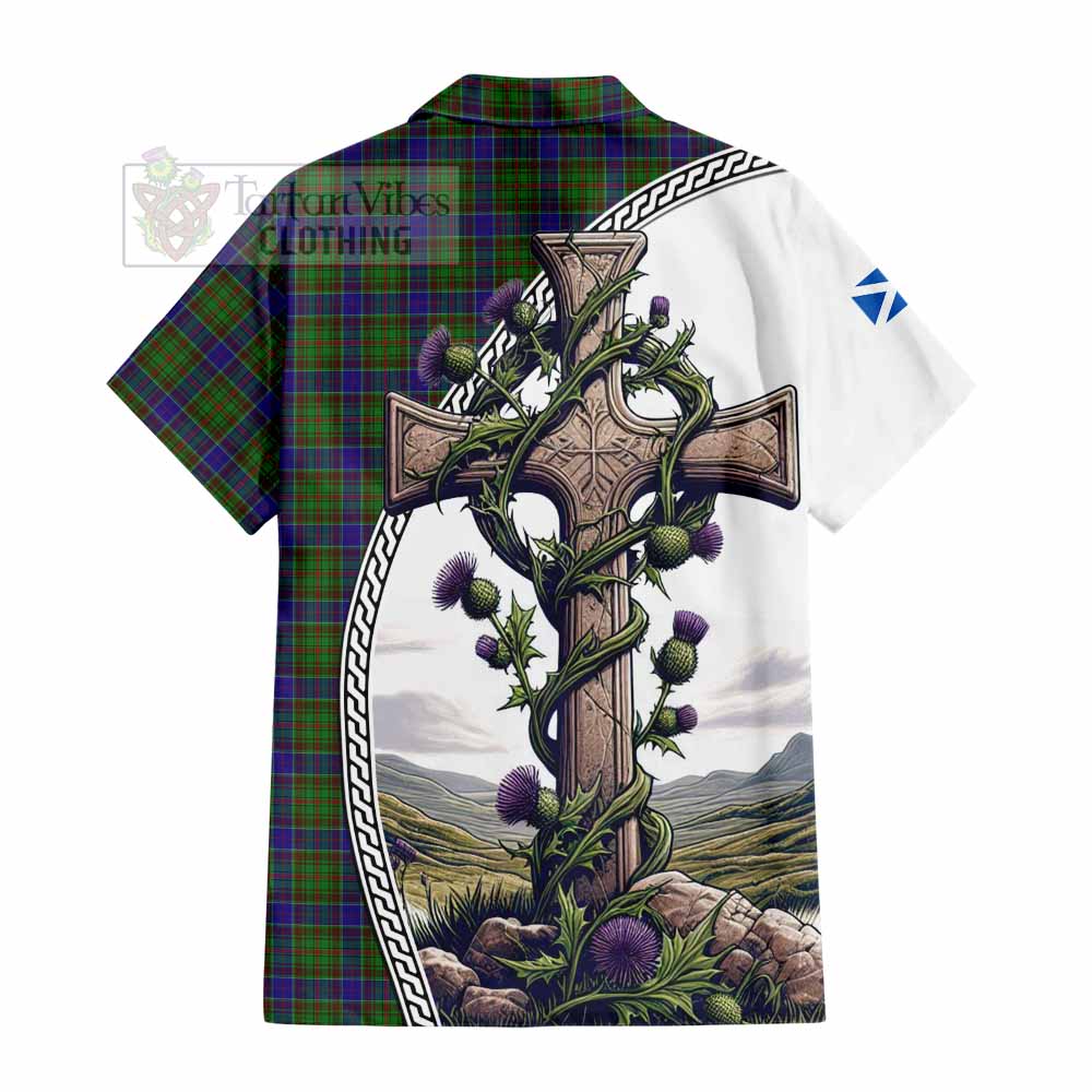 Tartan Vibes Clothing Adam Tartan Short Sleeve Button Shirt with Family Crest and St. Andrew's Cross Accented by Thistle Vines