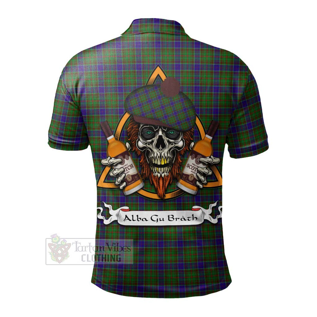 Tartan Vibes Clothing Adam Tartan Polo Shirt with Family Crest and Bearded Skull Holding Bottles of Whiskey