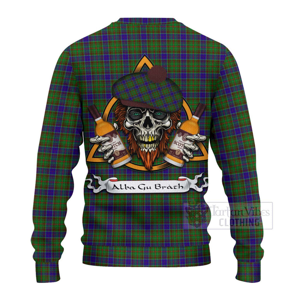 Tartan Vibes Clothing Adam Tartan Knitted Sweater with Family Crest and Bearded Skull Holding Bottles of Whiskey