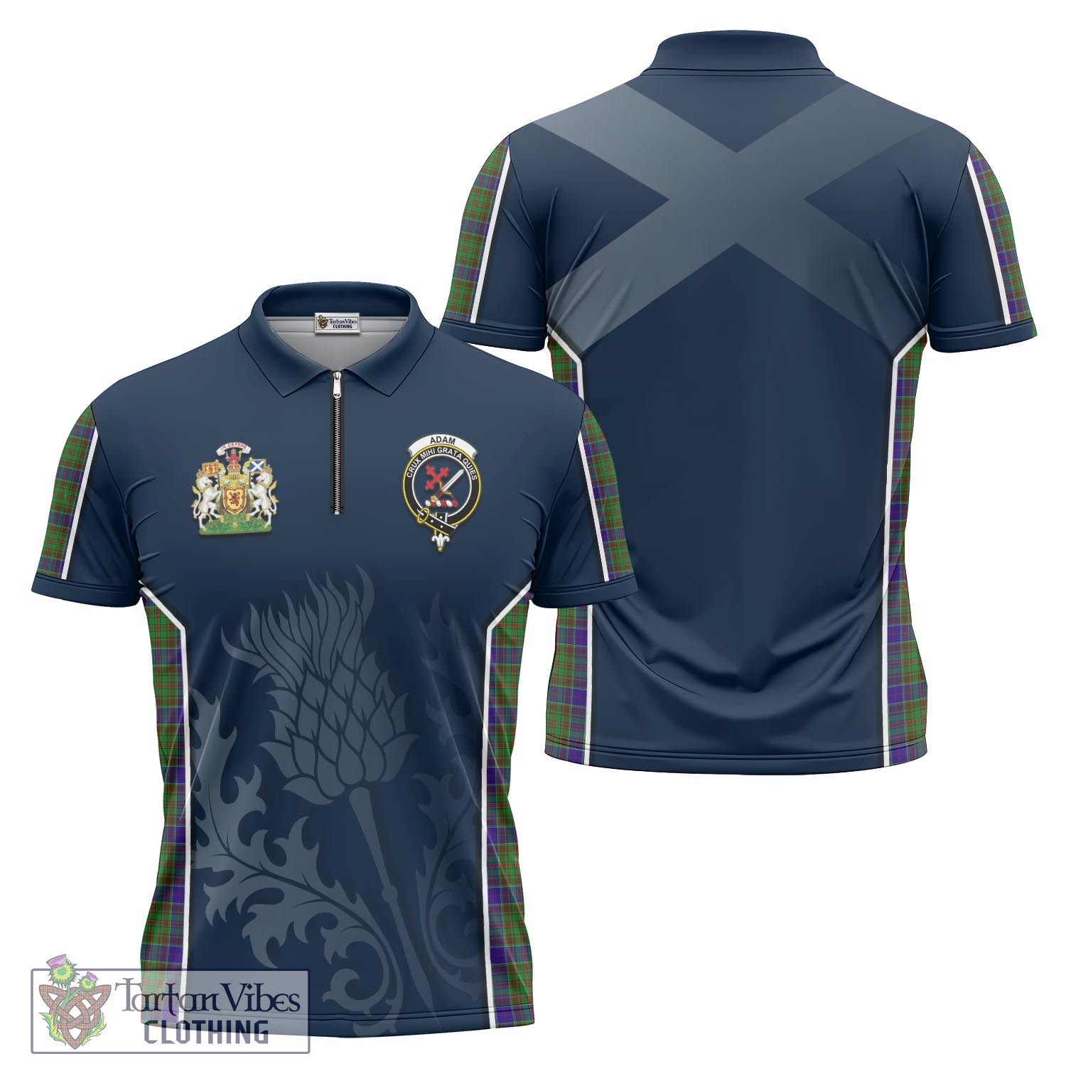 Tartan Vibes Clothing Adam Tartan Zipper Polo Shirt with Family Crest and Scottish Thistle Vibes Sport Style