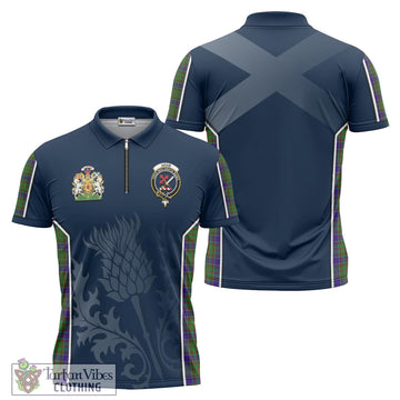 Adam Tartan Zipper Polo Shirt with Family Crest and Scottish Thistle Vibes Sport Style