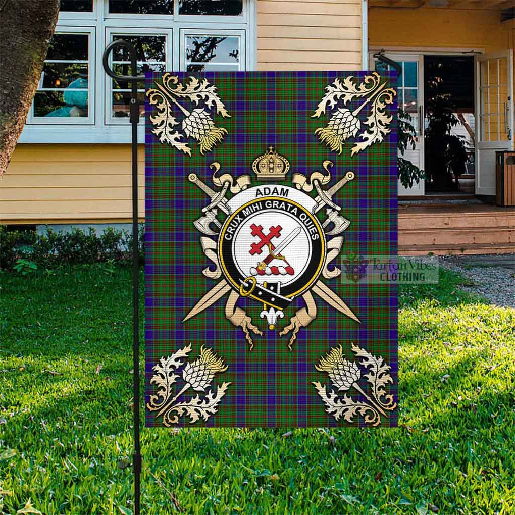 Tartan Vibes Clothing Adam Tartan Flag with Family Crest and Golden Thistle Crossed Sword Design