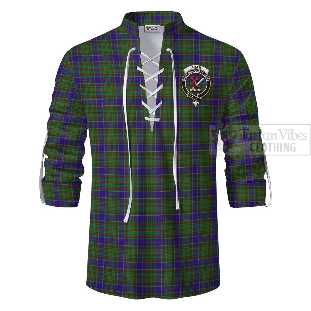 Tartan Vibes Clothing Adam Tartan Ghillie Kilt Shirt with Family Crest and Bearded Skull Holding Bottles of Whiskey