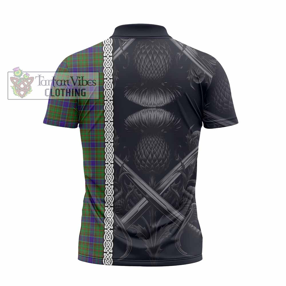 Tartan Vibes Clothing Adam Tartan Zipper Polo Shirt with Family Crest Cross Sword Thistle Celtic Vibes