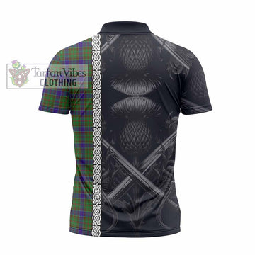 Adam Tartan Zipper Polo Shirt with Family Crest Cross Sword Thistle Celtic Vibes