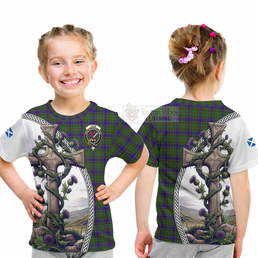 Tartan Vibes Clothing Adam Tartan Kid T-Shirt with Family Crest and St. Andrew's Cross Accented by Thistle Vines