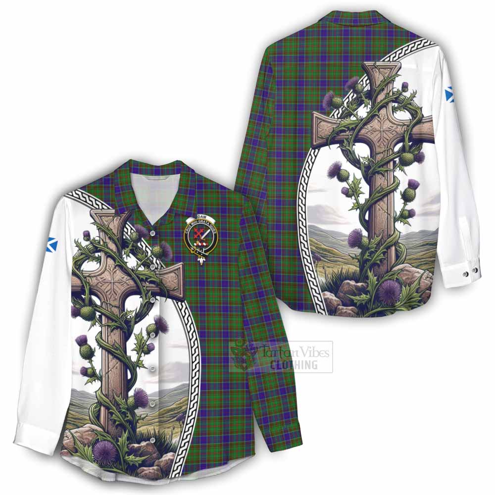 Tartan Vibes Clothing Adam Tartan Women's Casual Shirt with Family Crest and St. Andrew's Cross Accented by Thistle Vines