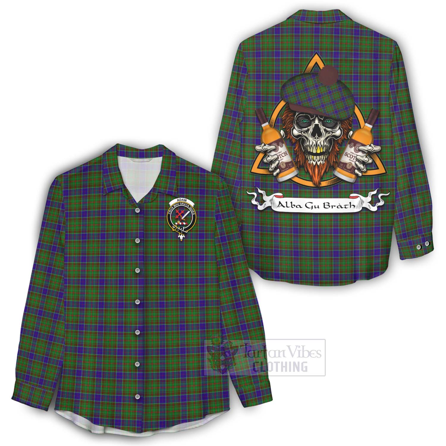 Tartan Vibes Clothing Adam Tartan Women's Casual Shirt with Family Crest and Bearded Skull Holding Bottles of Whiskey