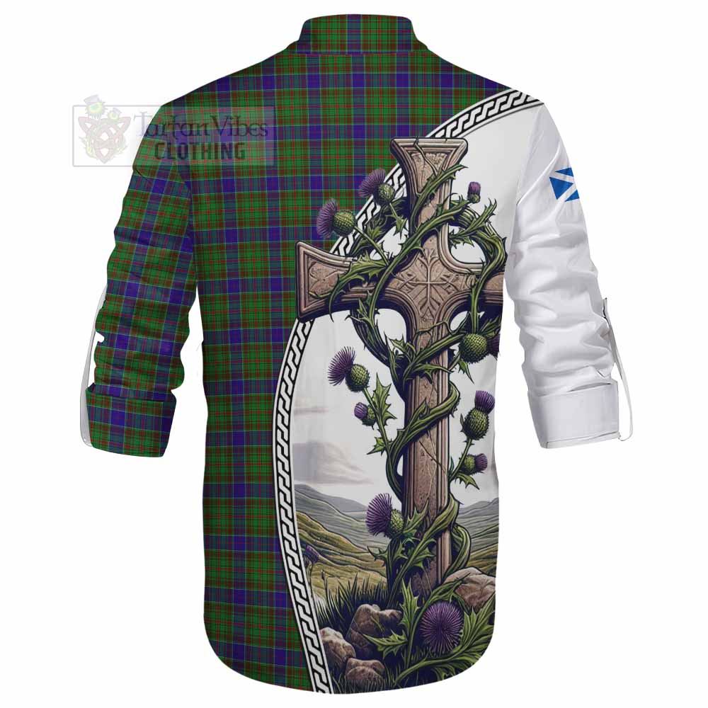 Tartan Vibes Clothing Adam Tartan Ghillie Kilt Shirt with Family Crest and St. Andrew's Cross Accented by Thistle Vines