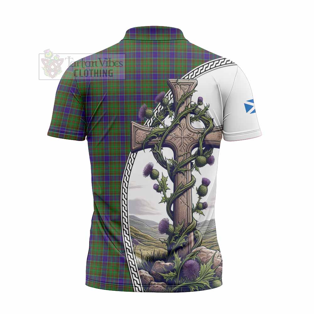 Tartan Vibes Clothing Adam Tartan Zipper Polo Shirt with Family Crest and St. Andrew's Cross Accented by Thistle Vines