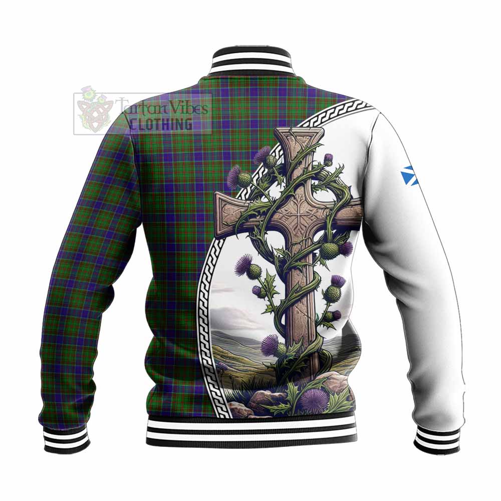 Tartan Vibes Clothing Adam Tartan Baseball Jacket with Family Crest and St. Andrew's Cross Accented by Thistle Vines