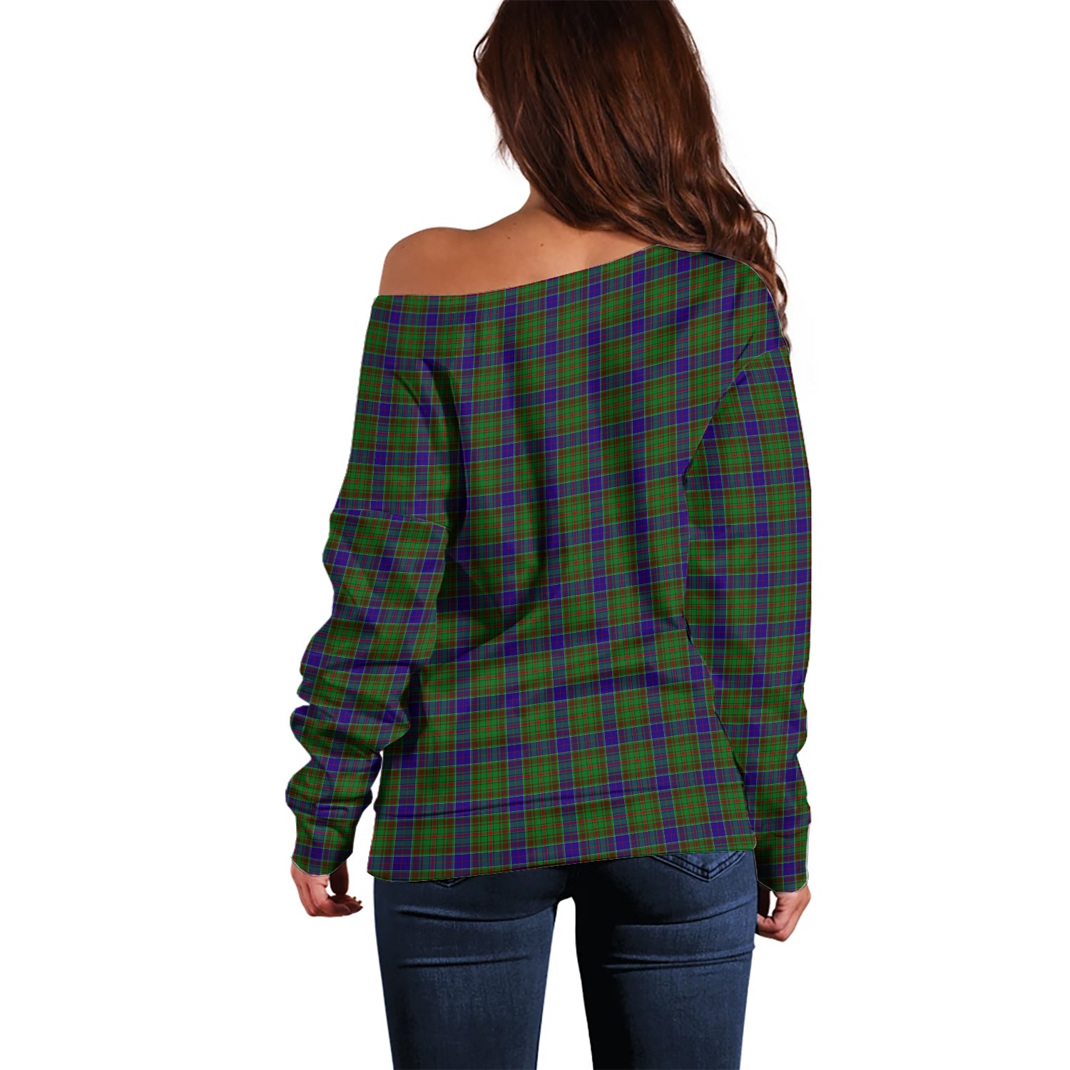 Adam Tartan Off Shoulder Women Sweater with Family Crest - Tartanvibesclothing