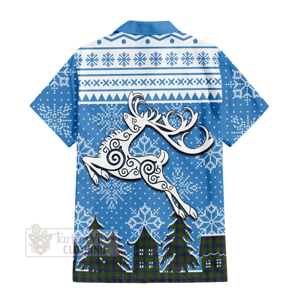 Tartan Vibes Clothing Adam Clan Christmas Short Sleeve Button Shirt Celtic Reindeer Style