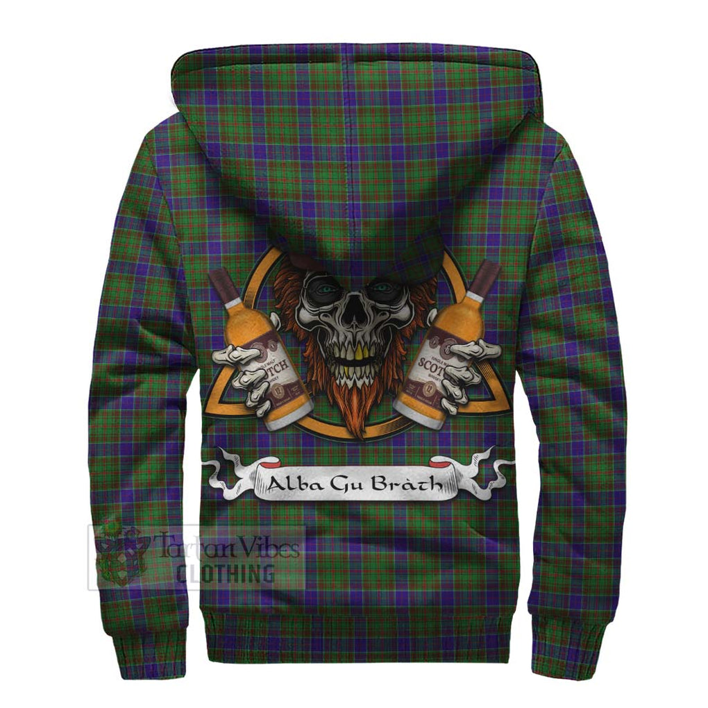 Tartan Vibes Clothing Adam Tartan Sherpa Hoodie with Family Crest and Bearded Skull Holding Bottles of Whiskey