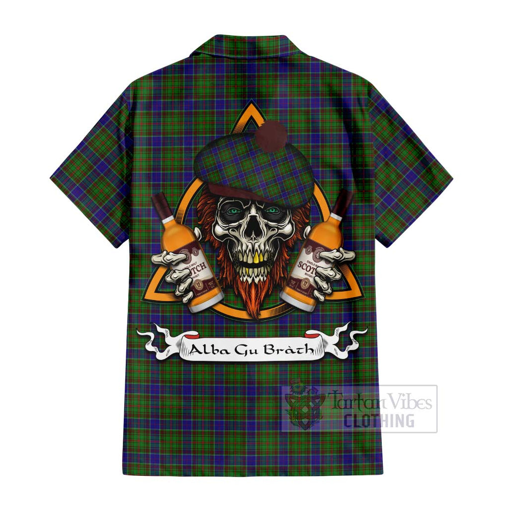 Tartan Vibes Clothing Adam Tartan Short Sleeve Button Shirt with Family Crest and Bearded Skull Holding Bottles of Whiskey