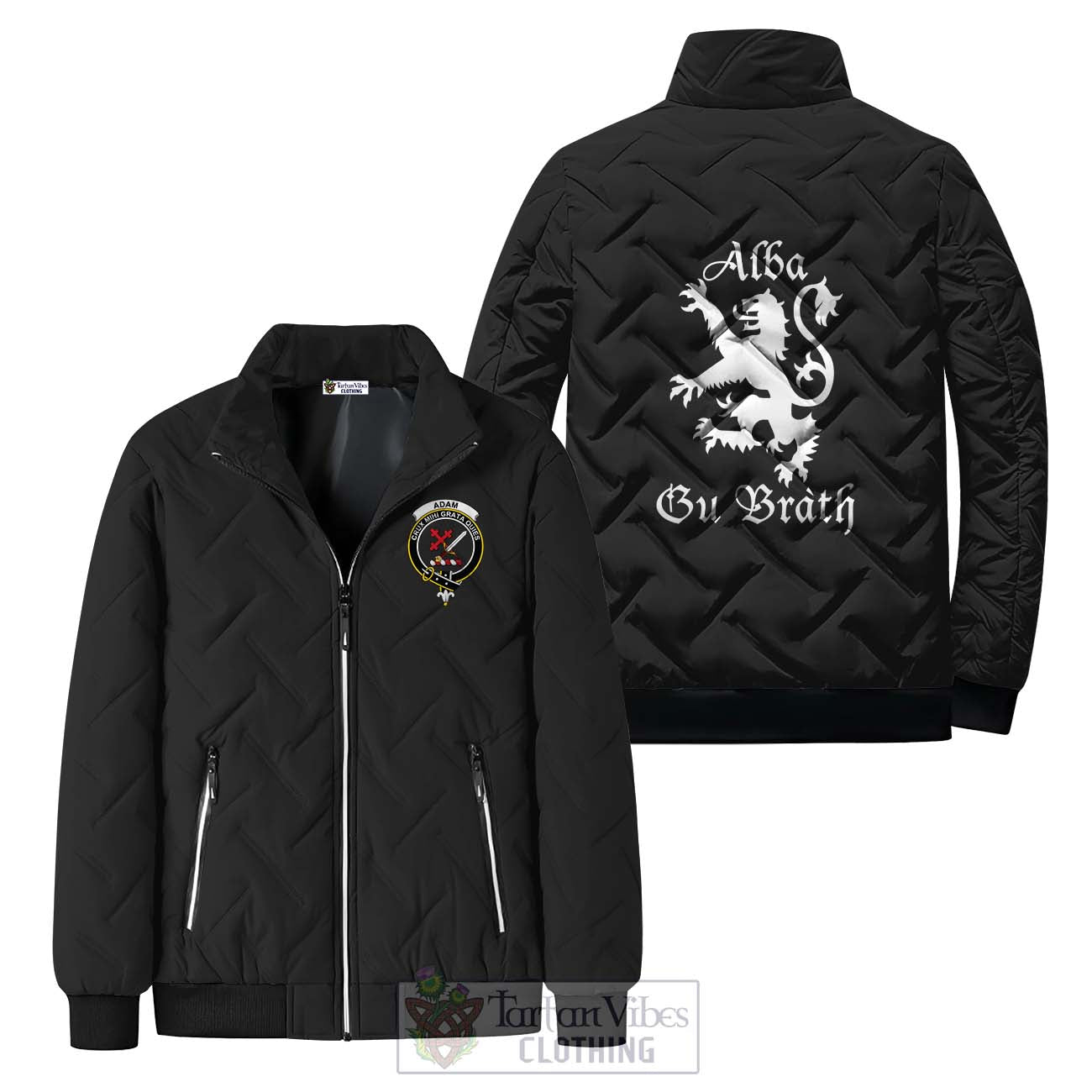 Tartan Vibes Clothing Adam Family Crest Padded Cotton Jacket Lion Rampant Alba Gu Brath Style