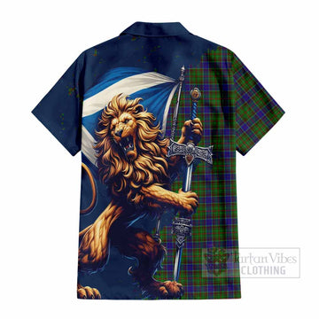 Adam Tartan Family Crest Short Sleeve Button Shirt with Scottish Majestic Lion