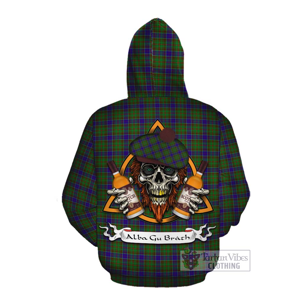 Tartan Vibes Clothing Adam Tartan Cotton Hoodie with Family Crest and Bearded Skull Holding Bottles of Whiskey