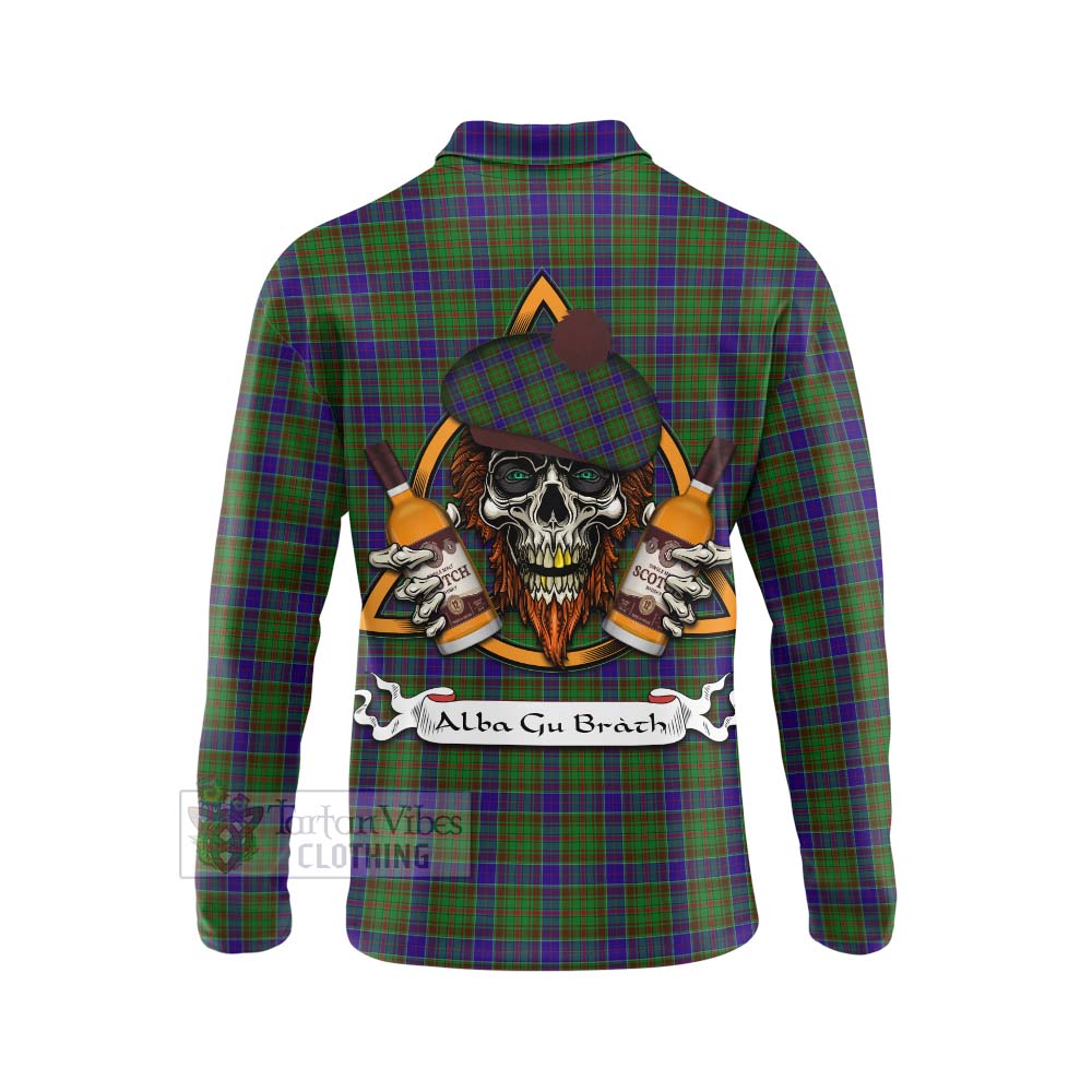 Tartan Vibes Clothing Adam Tartan Long Sleeve Polo Shirt with Family Crest and Bearded Skull Holding Bottles of Whiskey