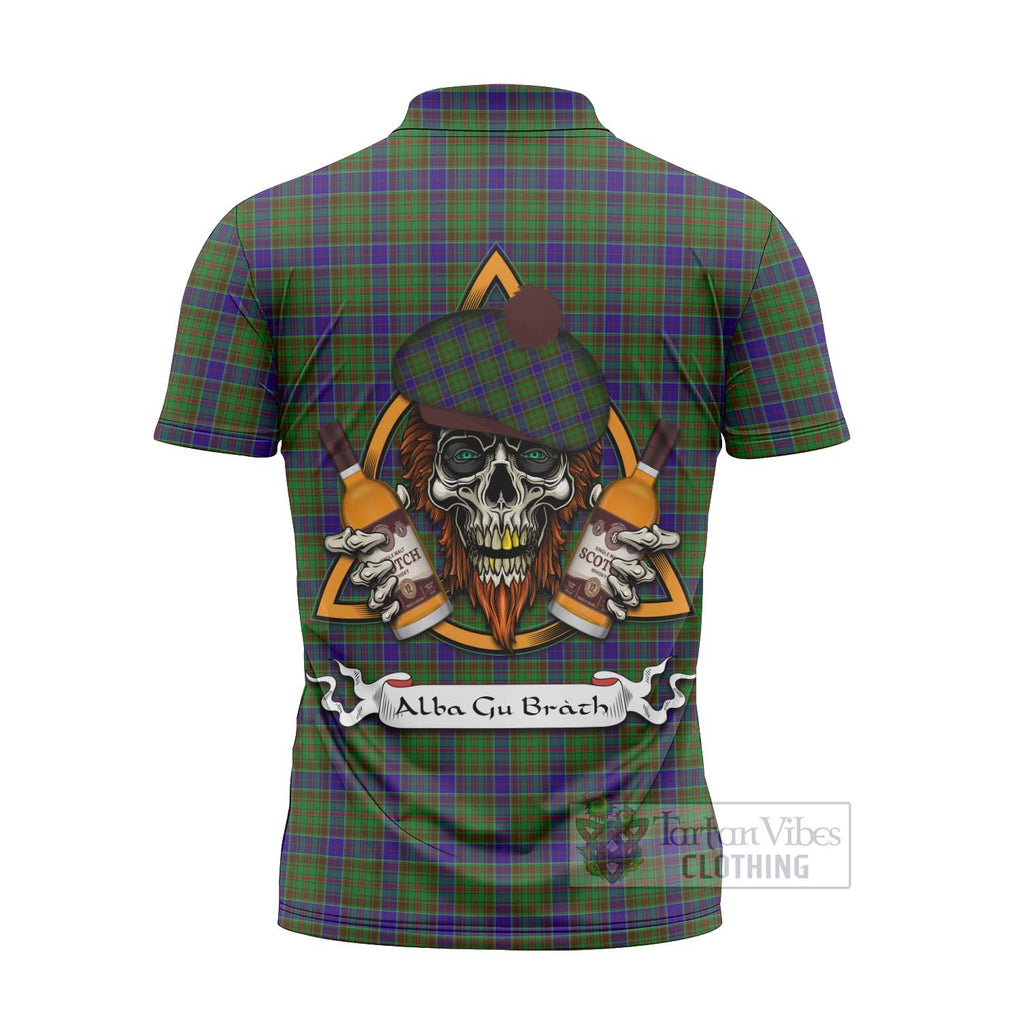 Tartan Vibes Clothing Adam Tartan Zipper Polo Shirt with Family Crest and Bearded Skull Holding Bottles of Whiskey