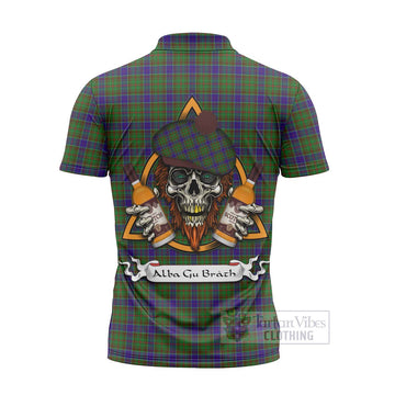 Adam Tartan Zipper Polo Shirt with Family Crest and Bearded Skull Holding Bottles of Whiskey