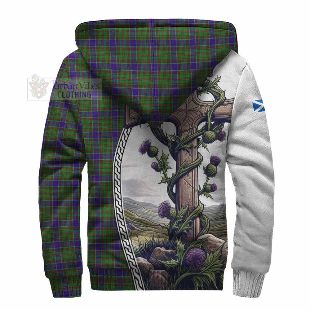 Tartan Vibes Clothing Adam Tartan Sherpa Hoodie with Family Crest and St. Andrew's Cross Accented by Thistle Vines