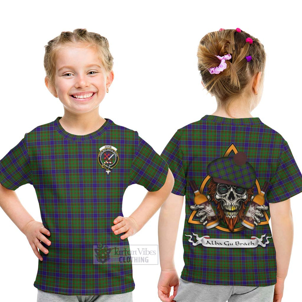 Tartan Vibes Clothing Adam Tartan Kid T-Shirt with Family Crest and Bearded Skull Holding Bottles of Whiskey