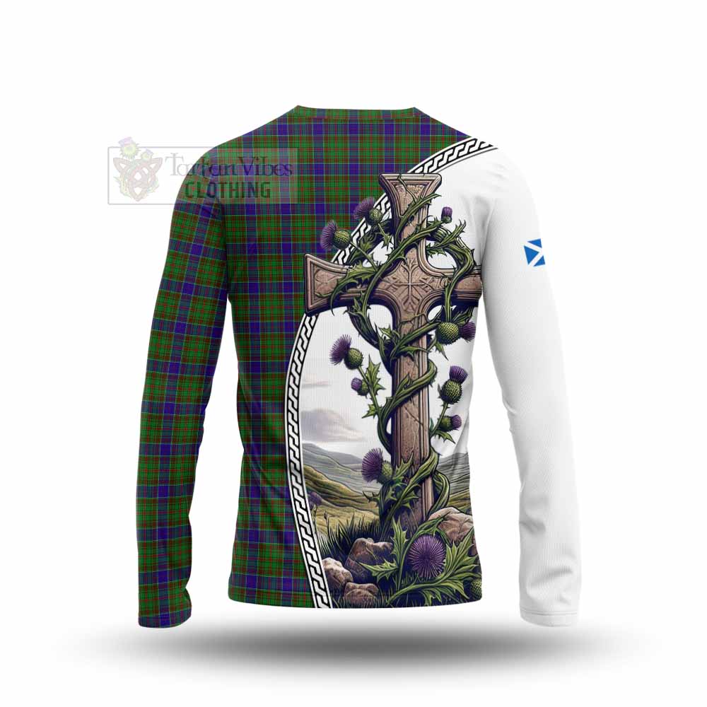 Tartan Vibes Clothing Adam Tartan Long Sleeve T-Shirt with Family Crest and St. Andrew's Cross Accented by Thistle Vines